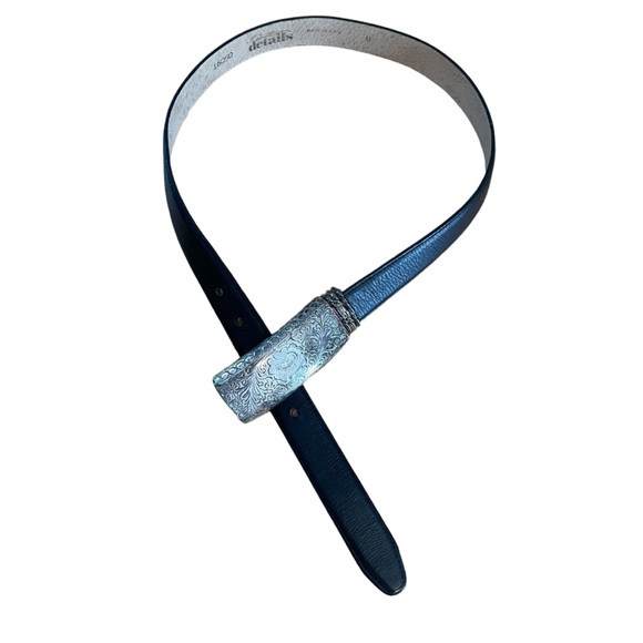 VTG Patricia Green Details Leather Belt Black Etched Buckle Medium Made IN USA - Picture 9 of 9